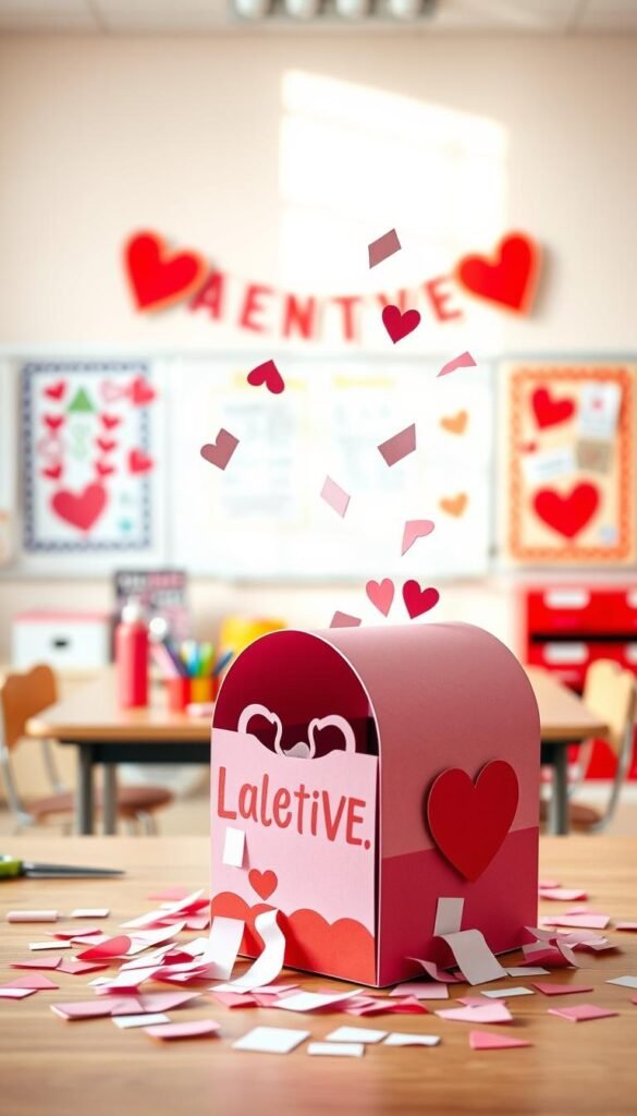 A whimsical 3D paper cube designed as a Valentine mailbox, centered in the foreground, featuring vivid red, pink, and white colors. The mailbox should have heart-shaped cutouts and be surrounded by small paper letter cutouts spilling out from the top. In the middle ground, display a table adorned with crafting tools like scissors, glue, and colorful markers, creating a DIY atmosphere. The background showcases a cheerful classroom scene with soft pastel-colored walls and decorative Valentine-themed posters, adding warmth to the setting. Use soft, natural lighting to create a bright, inviting mood. The perspective should be slightly elevated, looking down at the mailbox, emphasizing its three-dimensionality and playful design, perfect for a classroom display. A whimsical 3D paper cube designed as a Valentine mailbox, centered in the foreground, featuring vivid red, pink, and white colors. The mailbox should have heart-shaped cutouts and be surrounded by small paper letter cutouts spilling out from the top. In the middle ground, display a table adorned with crafting tools like scissors, glue, and colorful markers, creating a DIY atmosphere. The background showcases a cheerful classroom scene with soft pastel-colored walls and decorative Valentine-themed posters, adding warmth to the setting. Use soft, natural lighting to create a bright, inviting mood. The perspective should be slightly elevated, looking down at the mailbox, emphasizing its three-dimensionality and playful design, perfect for a classroom display.