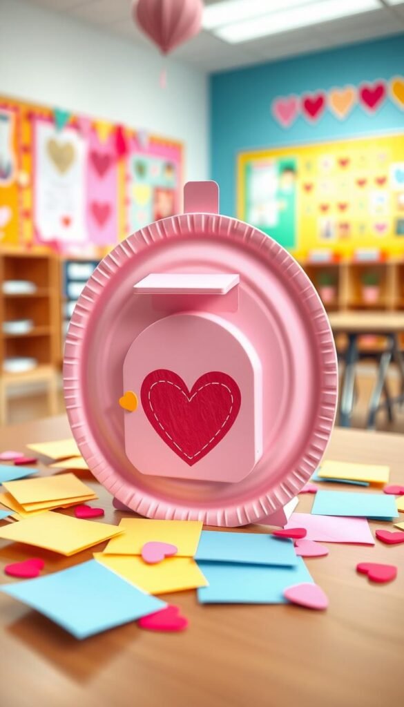 A whimsical paper plate mailbox designed for a classroom setting, featuring pastel colors like soft pink, light blue, and cheerful yellow. The mailbox has a rounded shape with a small slot at the top and a fun heart design painted on the front. Surrounding the mailbox are colorful envelopes and paper hearts scattered around, emphasizing a festive Valentine's Day theme. In the background, a softly blurred classroom with cheerful decorations, such as heart garlands and colorful bulletin boards, adds context. The lighting is bright and inviting, mimicking natural daylight, while the angle is slightly tilted above, focusing on the mailbox as the central subject. The mood is playful and cheerful, perfect for a Valentine's celebration in a small space. A whimsical paper plate mailbox designed for a classroom setting, featuring pastel colors like soft pink, light blue, and cheerful yellow. The mailbox has a rounded shape with a small slot at the top and a fun heart design painted on the front. Surrounding the mailbox are colorful envelopes and paper hearts scattered around, emphasizing a festive Valentine's Day theme. In the background, a softly blurred classroom with cheerful decorations, such as heart garlands and colorful bulletin boards, adds context. The lighting is bright and inviting, mimicking natural daylight, while the angle is slightly tilted above, focusing on the mailbox as the central subject. The mood is playful and cheerful, perfect for a Valentine's celebration in a small space.