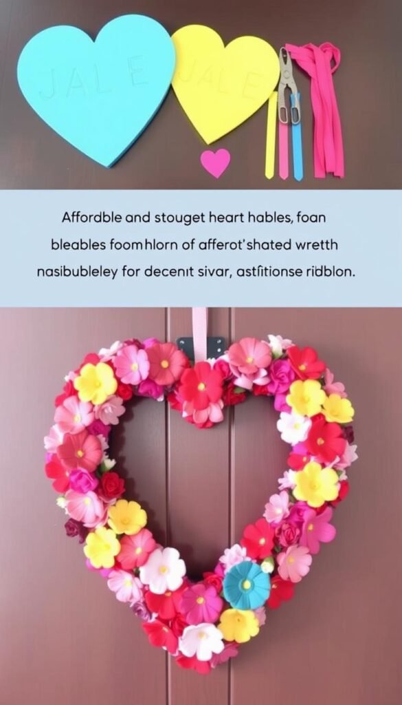 Create a heart-shaped wreath using dollar store materials like foam hearts, ribbons, and flowers. Create a heart-shaped wreath using dollar store materials like foam hearts, ribbons, and flowers.