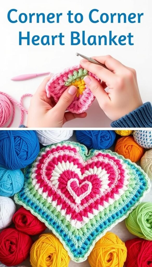 Create an image of a Corner to Corner Heart Blanket being crocheted with yarn.