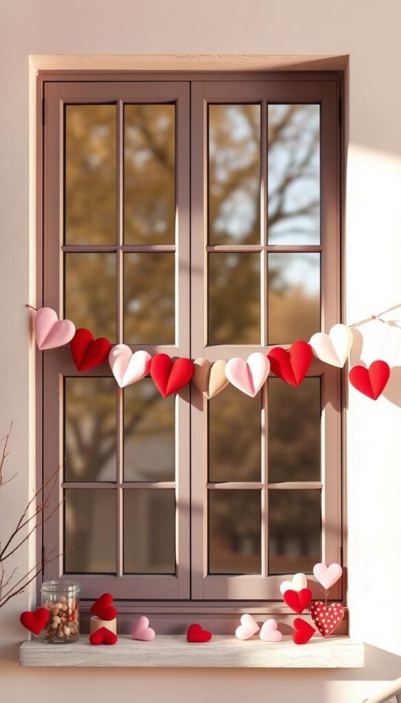 Create an image of a Valentine Heart Garland hung across a window