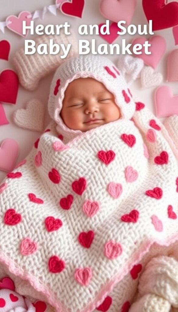 Create an image of a baby wrapped in the Heart and Soul Baby Blanket, surrounded by heart-themed decorations.