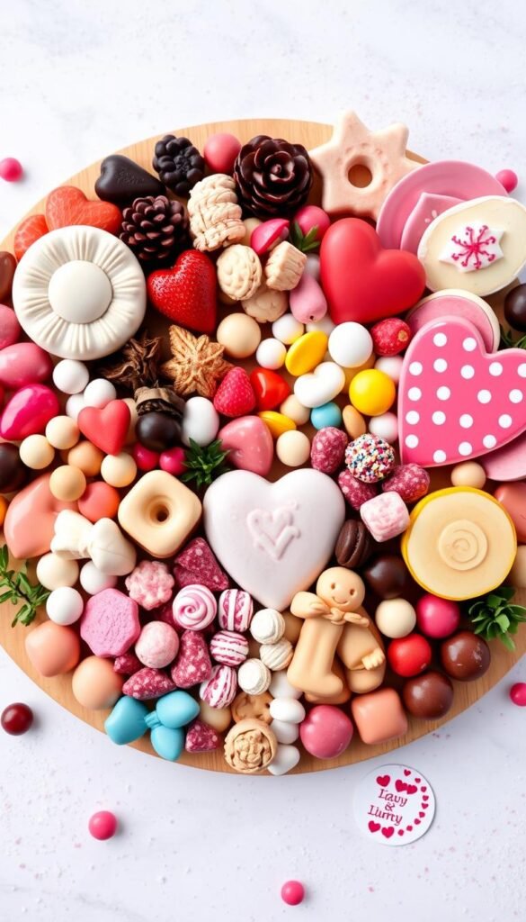 Create an image of a beautifully arranged candy charcuterie heart board with assorted sweets and decorative elements.