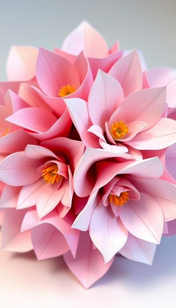 Create an image of a beautifully crafted paper bouquet with pastel petals.