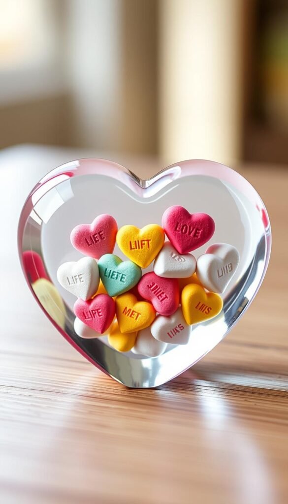 Create an image of a beautifully crafted resin heart-shaped paperweight with conversation hearts embedded inside.