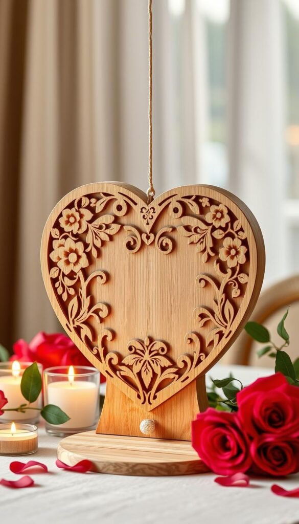 Create an image of a beautifully crafted wooden heart-shaped decoration for Valentine's Day.