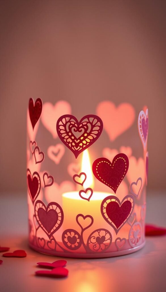 Create an image of a beautifully decorated Valentine's Day candle holder with heart-patterned designs.