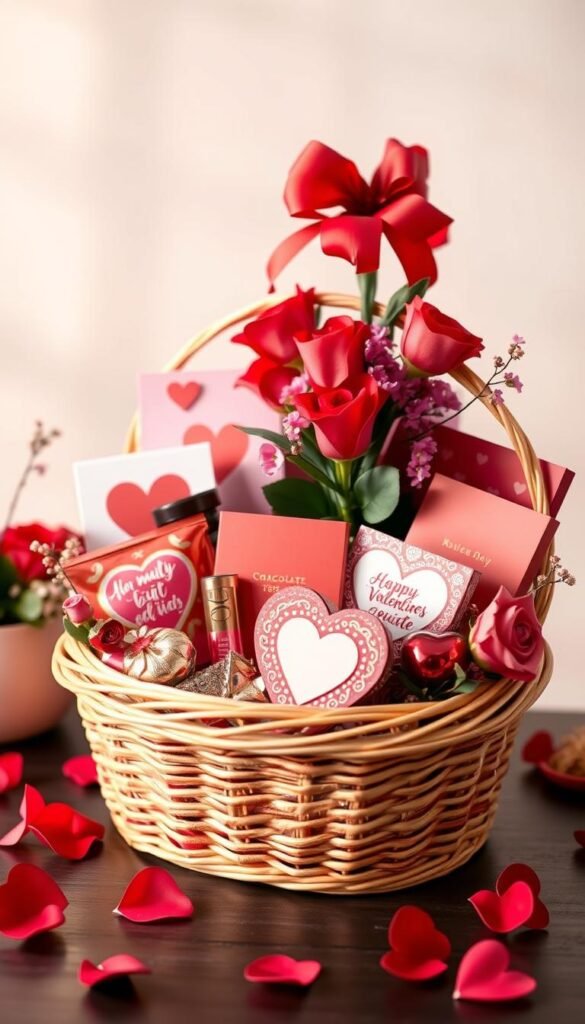 Create an image of a beautifully decorated Valentine's Day gift basket.