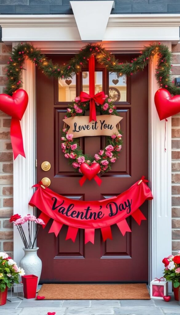 Create an image of a beautifully decorated front door with Valentine's Day theme, including a heart-shaped wreath and a banner. Create an image of a beautifully decorated front door with Valentine's Day theme, including a heart-shaped wreath and a banner.
