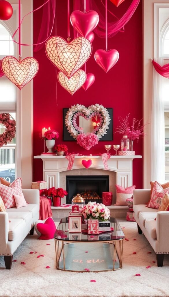 Create an image of a beautifully decorated living room with Valentine's Day decor