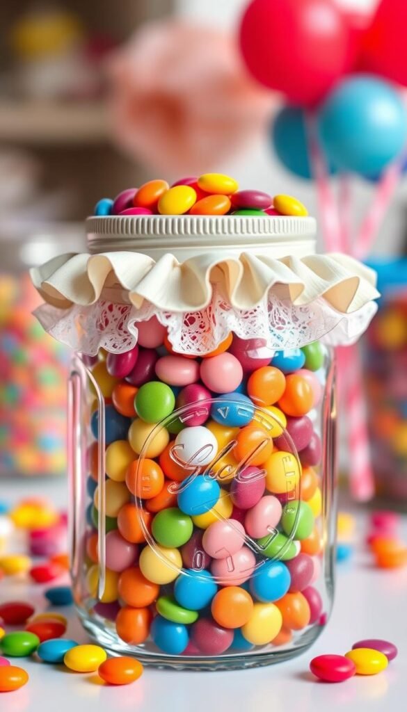Create an image of a beautifully decorated mason jar filled with candies and having a ruffled collar.