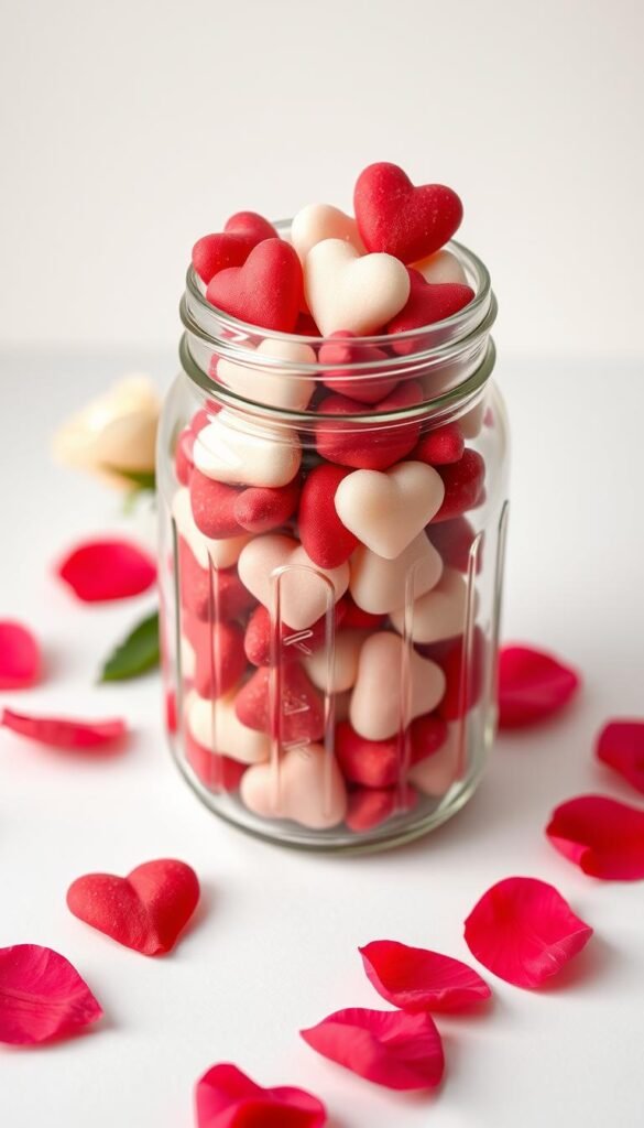 Create an image of a beautifully decorated mason jar filled with heart-shaped candies and surrounded by rose petals.
