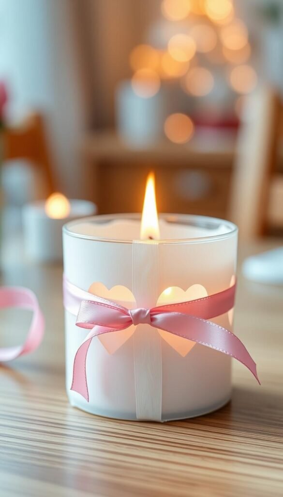 Create an image of a beautifully wrapped votive candle with heart-shaped cutouts and a soft pink ribbon. Create an image of a beautifully wrapped votive candle with heart-shaped cutouts and a soft pink ribbon.