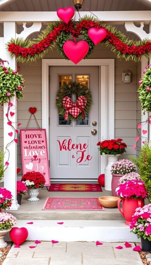 Create an image of a charming Valentine's Day porch with a beautiful sign and decorations. Create an image of a charming Valentine's Day porch with a beautiful sign and decorations.