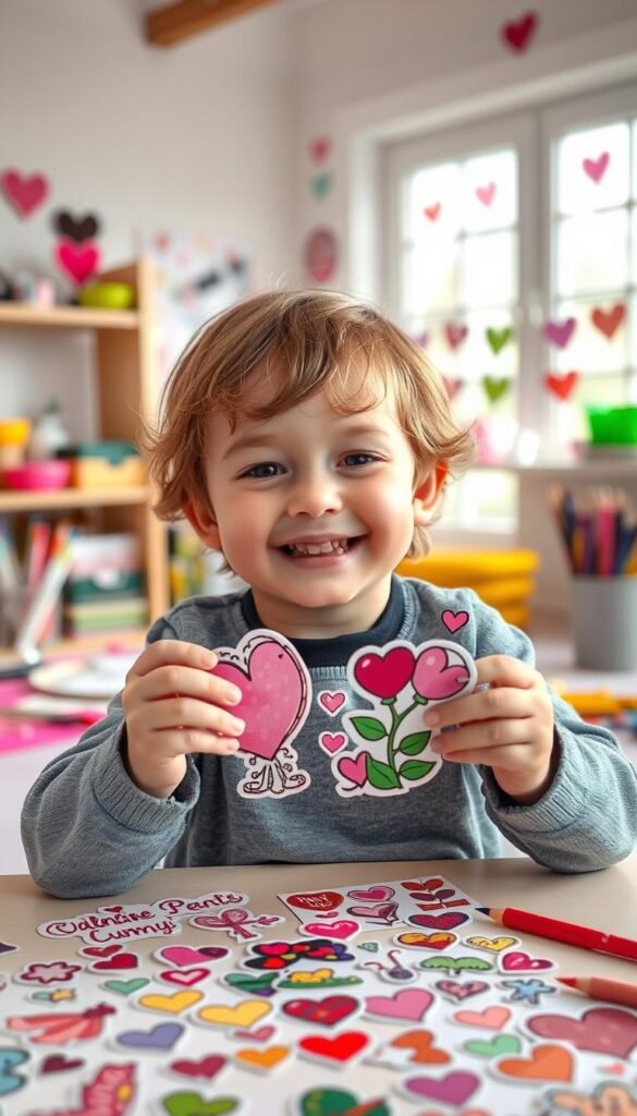 Create an image of a child making Valentine sticker scenes Create an image of a child making Valentine sticker scenes
