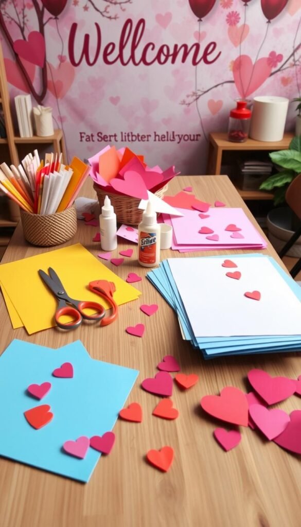 Create an image of a craft table with various supplies like paper, glue, scissors, and heart-shaped decorations. Create an image of a craft table with various supplies like paper, glue, scissors, and heart-shaped decorations.