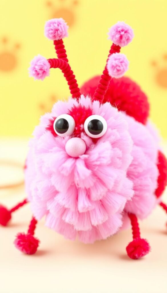 Create an image of a cute love bug made from pink and red pompoms, with googly eyes and pipe cleaner antennae. Create an image of a cute love bug made from pink and red pompoms, with googly eyes and pipe cleaner antennae.