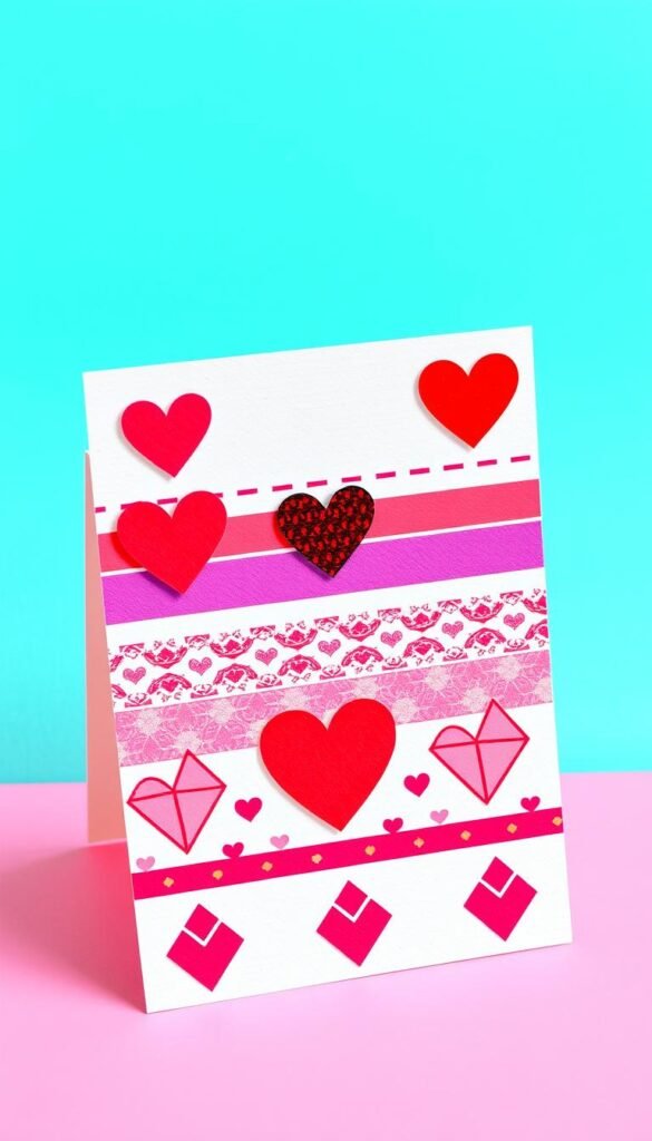 Create an image of a handmade Valentine's Day card decorated with washi tape in heart patterns and geometric designs. Create an image of a handmade Valentine's Day card decorated with washi tape in heart patterns and geometric designs.