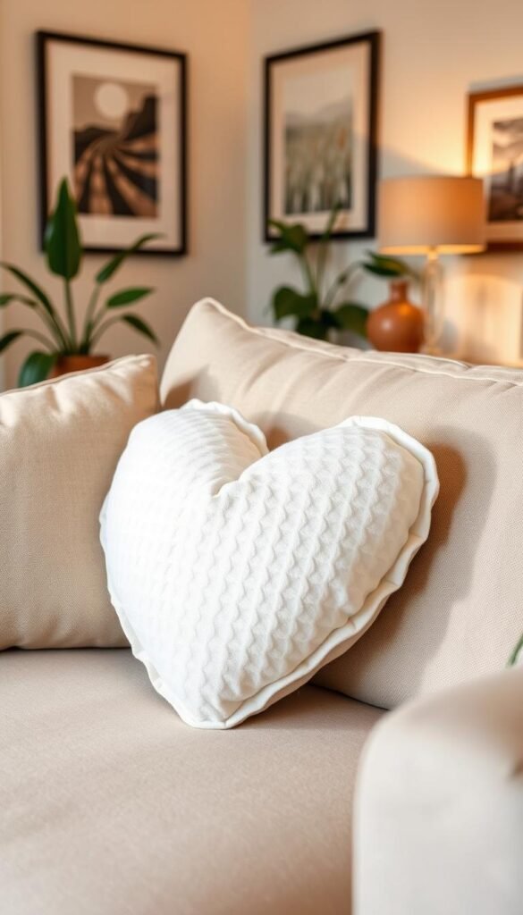 Create an image of a handmade fabric heart pillow with a soft, cuddly texture.