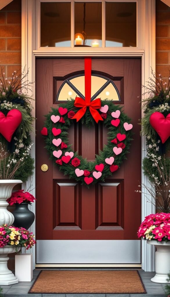 Create an image of a heart-shaped Valentine's Day wreath on a front door.