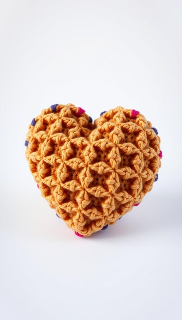 Create an image of a heart-shaped waffle amigurumi, made using crochet.