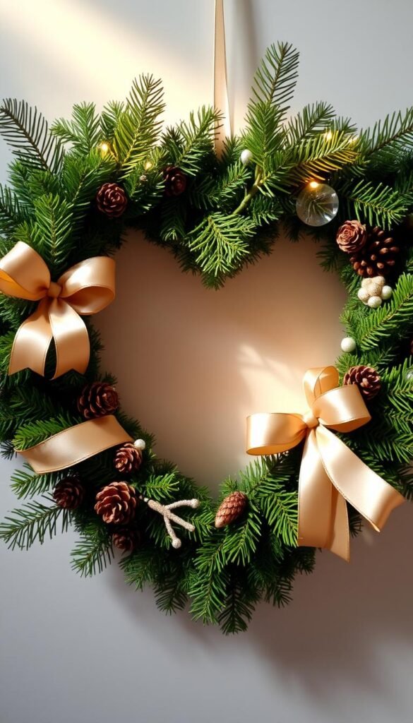 Create an image of a heart-shaped wreath made from natural materials like evergreen branches, pinecones, and ribbons.