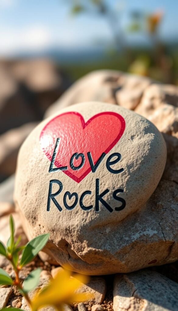 Create an image of a smooth stone painted with a heart design and the message "Love Rocks." Create an image of a smooth stone painted with a heart design and the message "Love Rocks."