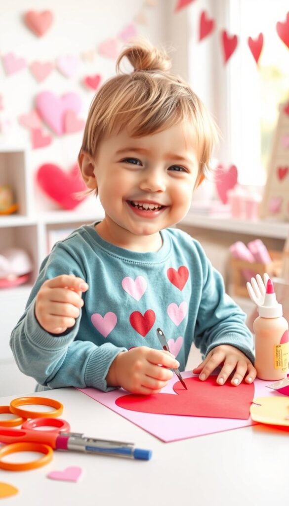 Create an image of a toddler engaging in a Valentine's Day craft activity.