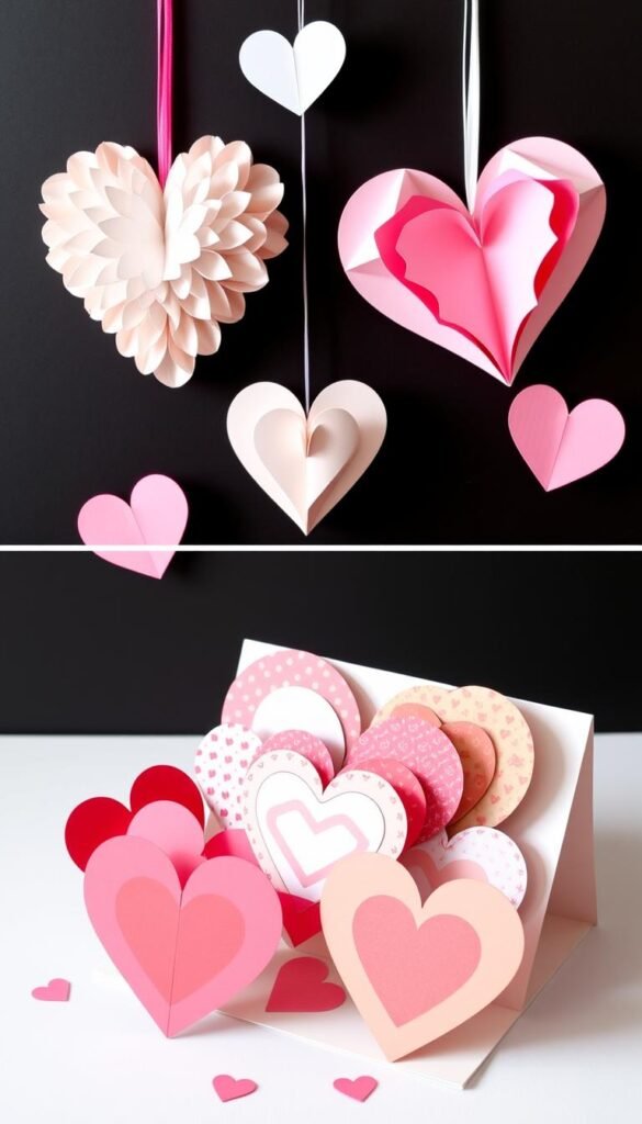 Create an image of elegant paper Valentine crafts, including tissue paper hearts and 3D paper cards.