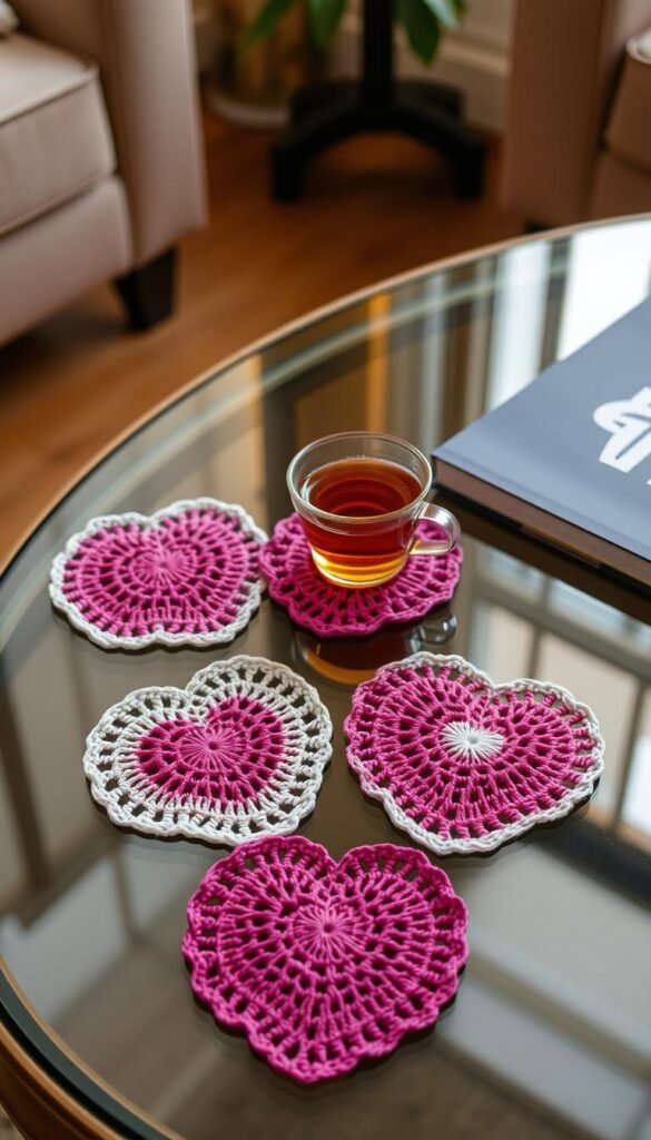 Create an image of heart-shaped crochet coasters on a coffee table