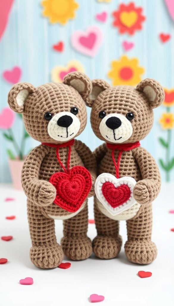 Create an image of two cute bears holding hearts, made using crochet.