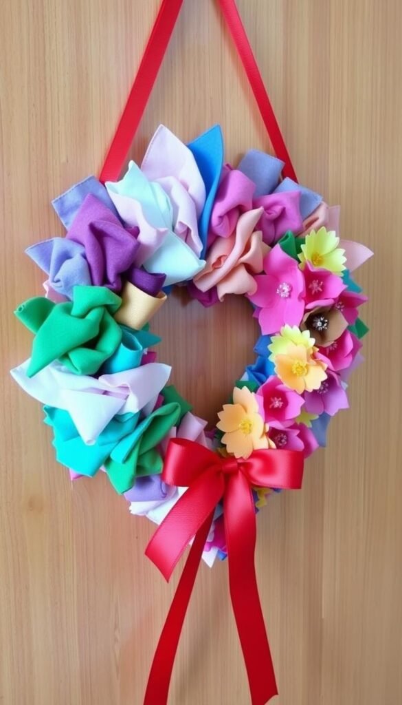 Design a heart-shaped wreath made from fabric scraps, artificial flowers, and a red ribbon for hanging. Design a heart-shaped wreath made from fabric scraps, artificial flowers, and a red ribbon for hanging.
