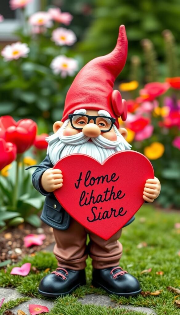 Design an image of a Valentine gnome holding a heart-shaped sign with a sweet message.