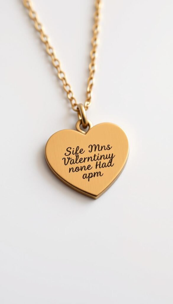 Design an image of a handmade Valentine's Day necklace featuring a heart-shaped pendant with a personalized message.