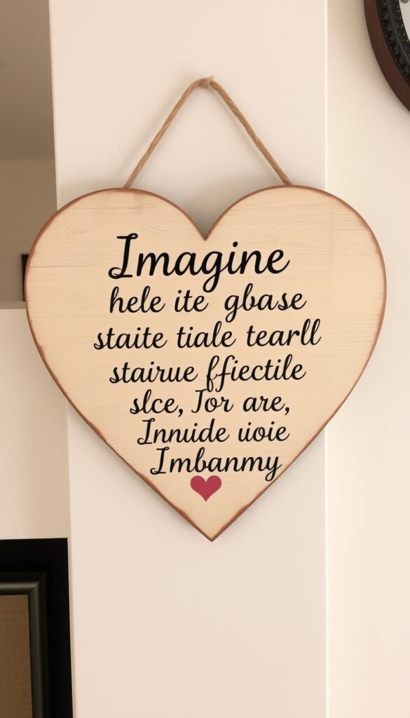Envision a wooden heart-shaped sign with a romantic quote, finished in a distressed style.
