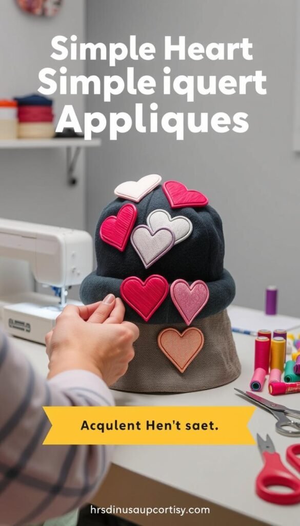Generate an image of Simple Heart Appliqués being attached to a hat or bag.