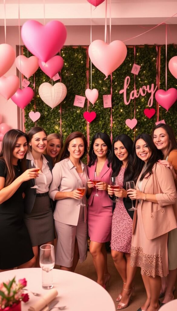 Generate an image of a Galentine's Day party with soft pastel decorations and heart motifs.