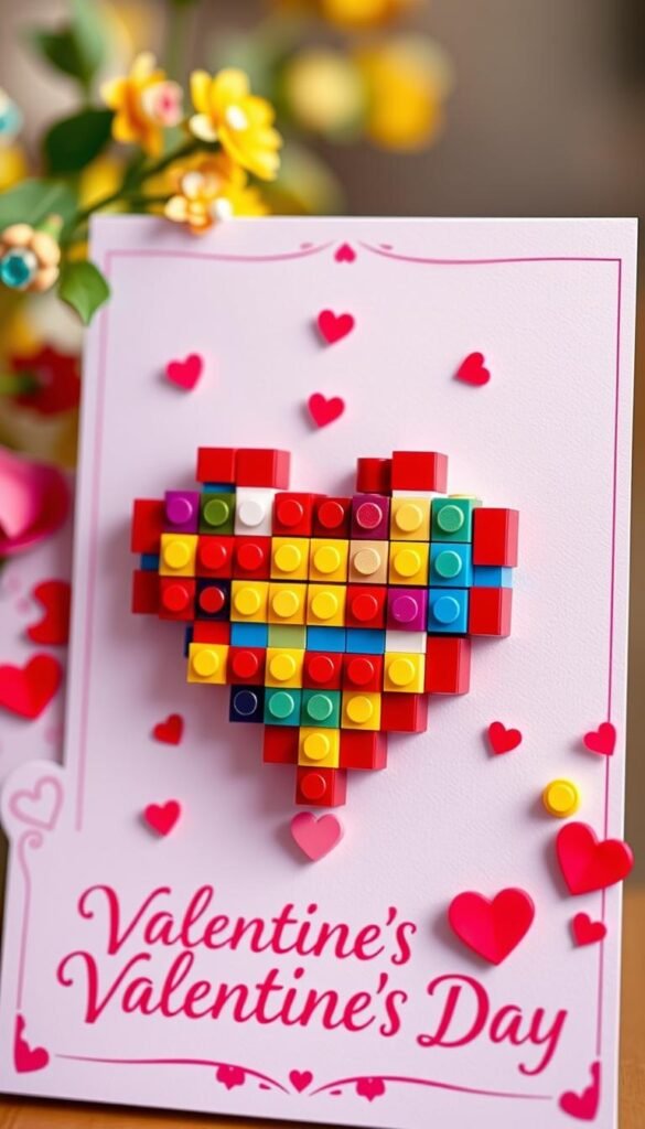Generate an image of a LEGO brick stamped heart on a Valentine's Day card. Generate an image of a LEGO brick stamped heart on a Valentine's Day card.