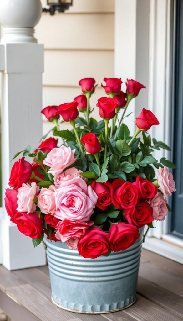 Generate an image of a beautiful galvanized bucket filled with a mix of fresh red roses and pink flowers on a cozy porch. Generate an image of a beautiful galvanized bucket filled with a mix of fresh red roses and pink flowers on a cozy porch.