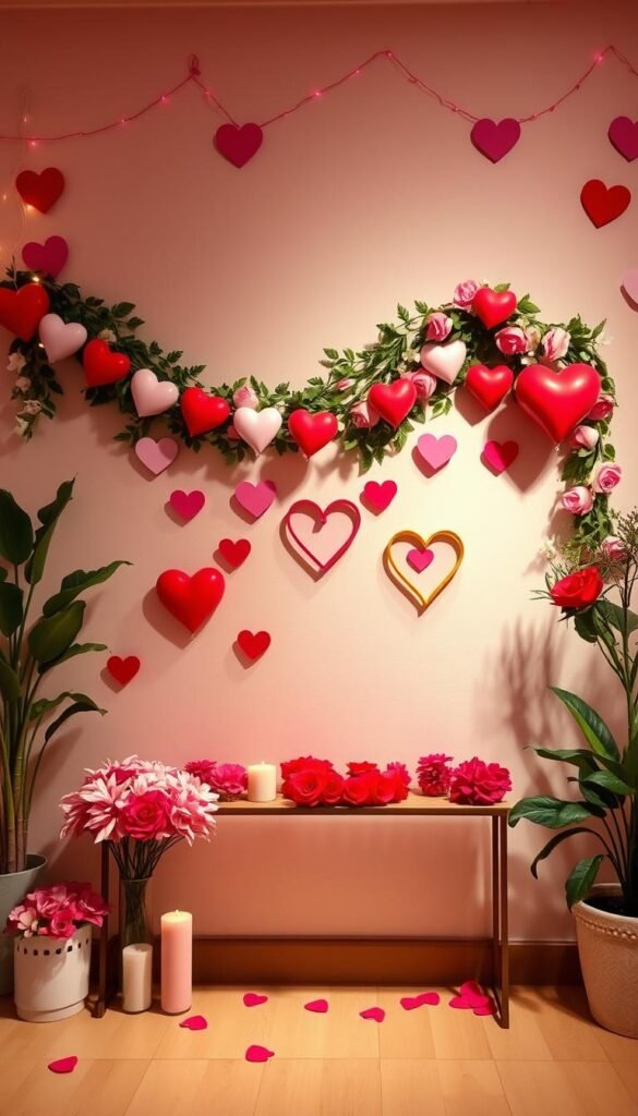 Generate an image of a beautifully decorated wall with heart-themed garlands and wall decor.
