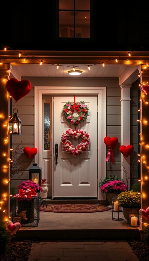 Generate an image of a beautifully lit Valentine's Day porch with string lights, lanterns, and a heart-shaped wreath on the front door. Generate an image of a beautifully lit Valentine's Day porch with string lights, lanterns, and a heart-shaped wreath on the front door.