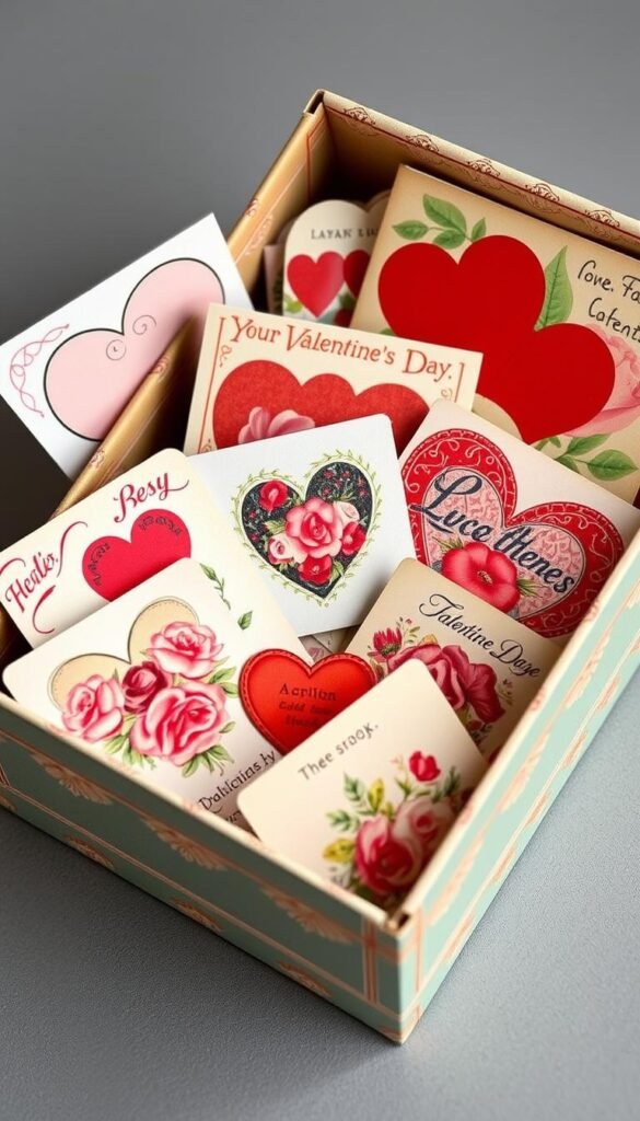 Generate an image of a boxed set of vintage Valentine's Day cards with a mix of floral and geometric patterns. Generate an image of a boxed set of vintage Valentine's Day cards with a mix of floral and geometric patterns.