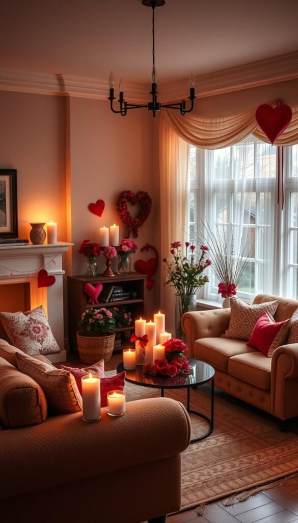 Generate an image of a cozy living room with candles and soft lighting for Valentine's Day.