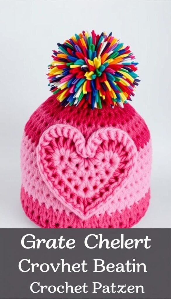 Generate an image of a crochet heart beanie with a colorful pom pom on top.