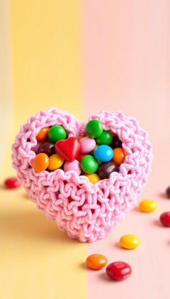 Generate an image of a crochet heart treat bag filled with candies.