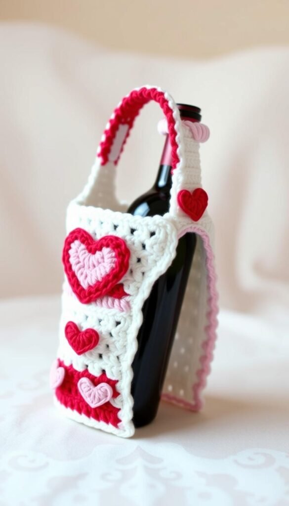 Generate an image of a crochet wine bottle holder with a Valentine's Day theme.