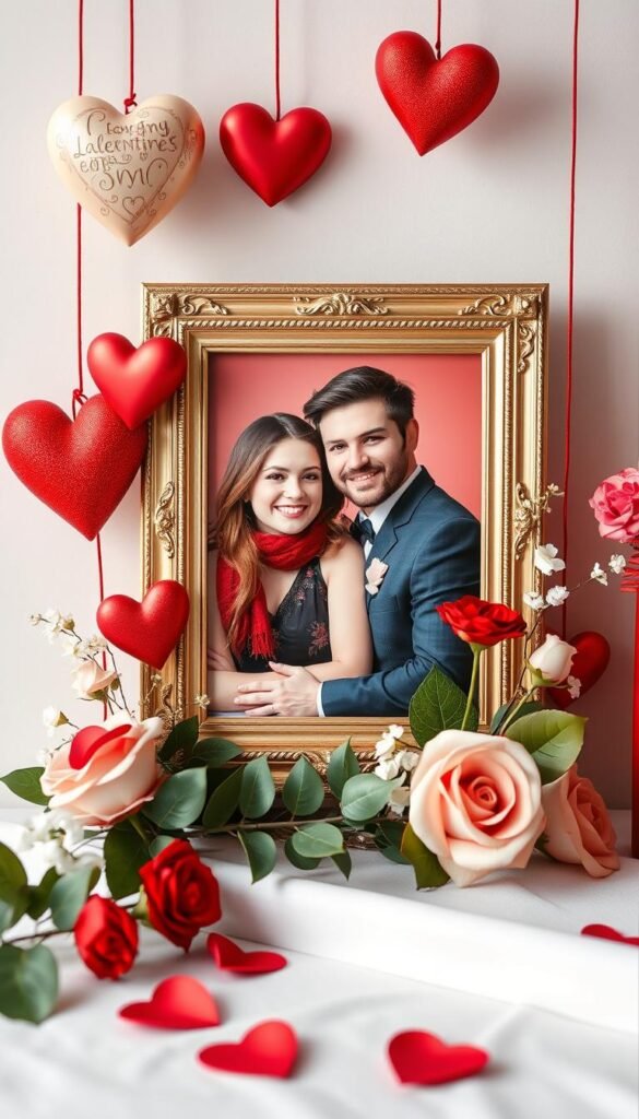 Generate an image of a customized Valentine's Day decoration with a couple's photo