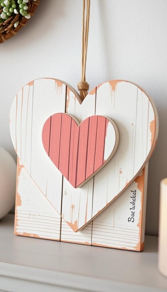 Generate an image of a distressed wood Valentine decor with a heart shape.
