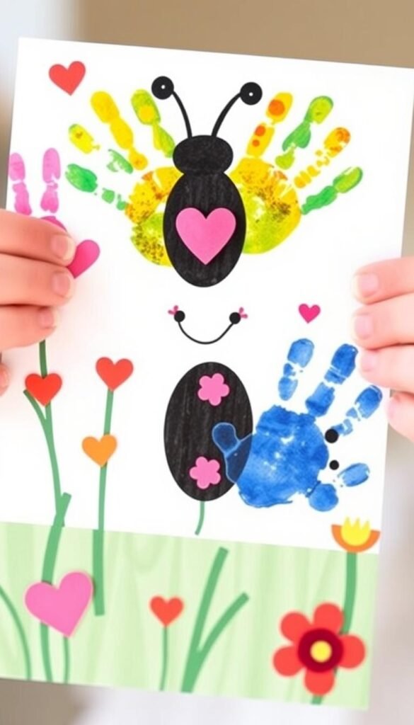 Generate an image of a fingerprint love bug card made by a child. Generate an image of a fingerprint love bug card made by a child.