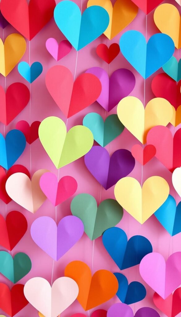Generate an image of a heart-shaped paper garland in various colors and sizes. Generate an image of a heart-shaped paper garland in various colors and sizes.